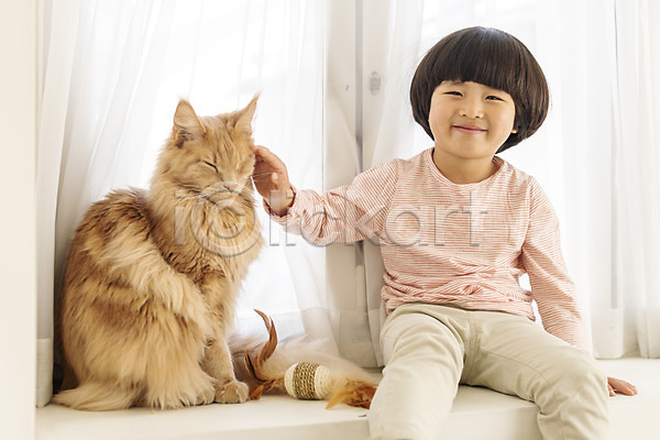 즐거움 남자 소년한명만 어린이 한국인 한명 JPG 앞모습 포토 고양이 메인쿤 미소(표정) 반려 반려동물 반려묘 상반신 실내 쓰다듬기 한마리