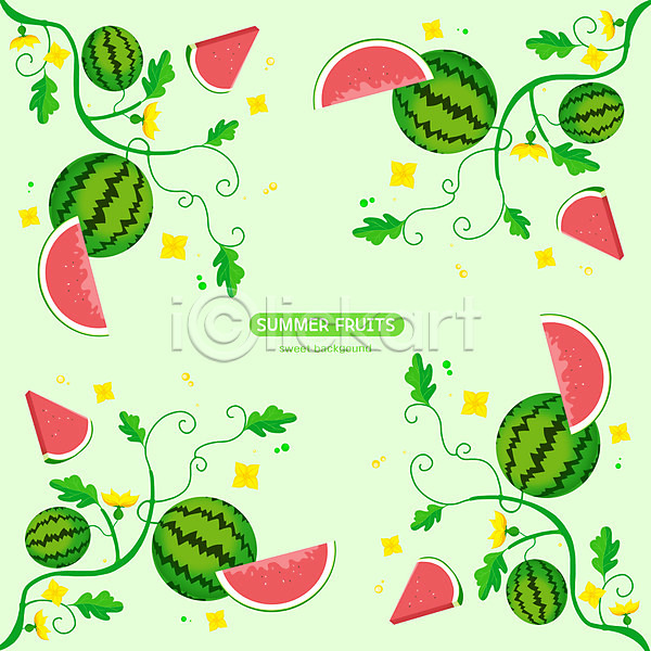 사람없음 PSD 일러스트 과일 꽃 백그라운드 수박 수박조각 여름(계절) 여름음식 잎 제철과일 초록색 패턴
