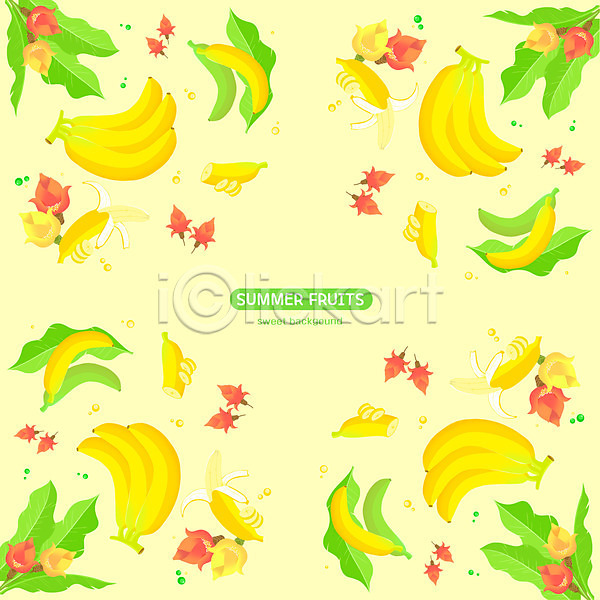 사람없음 PSD 일러스트 과일 꽃 노란색 바나나 백그라운드 여름(계절) 잎 패턴