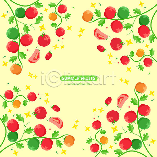 사람없음 PSD 일러스트 과일 과채 꽃 노란색 백그라운드 여름(계절) 잎 토마토 패턴