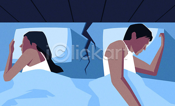 남자 두명 사람 성인 성인만 여자 AI(파일형식) 일러스트 균열 눕기 등돌리기 부부 얼굴없음 이혼 잠 침대 파란색