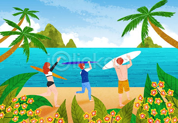 남자 사람 성인 세명 여자 PSD 일러스트 꽃 나뭇잎 들기 바다 바캉스 서핑보드 섬 수영복 야자수 여름(계절) 여름풍경 여름휴가 하늘 해변