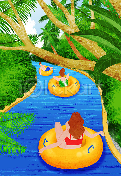 남자 사람 성인 세명 여자 PSD 일러스트 나무 나뭇잎 바캉스 수영 수영장 야자수 여름(계절) 여름풍경 여름휴가 튜브 풀장
