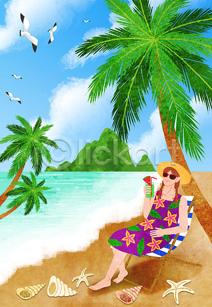 사람 성인 여자 여자한명만 한명 PSD 일러스트 갈매기 들기 모자(잡화) 바다 바캉스 불가사리 선글라스 섬 소라 수박 앉기 야자수 여름(계절) 여름음식 여름풍경 여름휴가 음료 의자 제철과일 조개 주스 하늘 해변