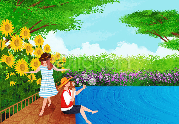 남자 두명 사람 성인 여자 PSD 일러스트 걷기 꽃 나무 다리 모자(잡화) 바캉스 비눗방울 앉기 여름(계절) 여름풍경 여름휴가 하늘 해바라기 호수