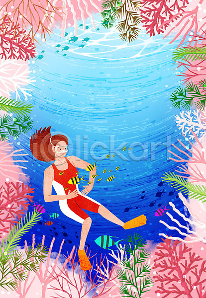 사람 성인 여자 여자한명만 한명 PSD 일러스트 물고기떼 물안경 바다 바캉스 산호 산호초 수중 스노클링 여름(계절) 여름풍경 여름휴가 오리발 잠수