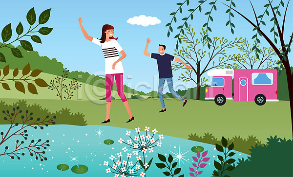 남자 두명 사람 성인 성인만 여자 AI(파일형식) 일러스트 구름(자연) 꽃 나무 나뭇잎 바캉스 손들기 여름(계절) 여름휴가 연못 캠핑 캠핑카 커플 호수