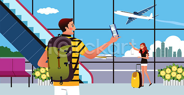남자 두명 사람 성인 성인만 여자 AI(파일형식) 일러스트 가방 건물 공항 구름(자연) 꽃 들기 바캉스 배낭 비행기 손흔들기 에스컬레이터 여름(계절) 여름휴가 여행 의자 캐리어 티켓 항공권