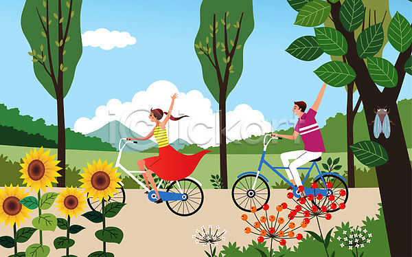 산책 남자 두명 사람 성인 성인만 여자 AI(파일형식) 일러스트 구름(자연) 꽃 나무 매미 바캉스 손들기 여름(계절) 여름휴가 자전거 하이킹 해바라기