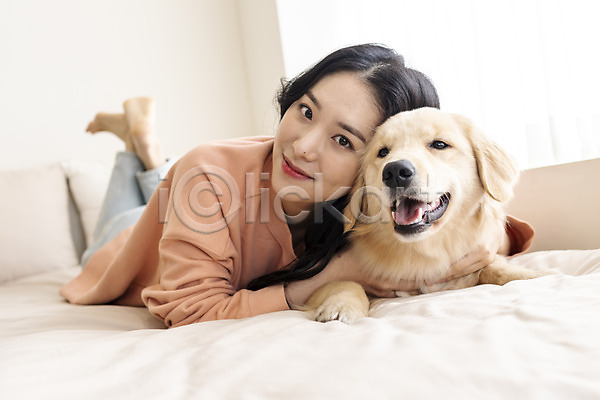 즐거움 화목 20대 성인 성인여자한명만 여자 한국인 한명 JPG 앞모습 포토 강아지 골든리트리버 교감 미소(표정) 반려 반려견 반려동물 실내 엎드리기 전신 침대 펫팸족 한마리