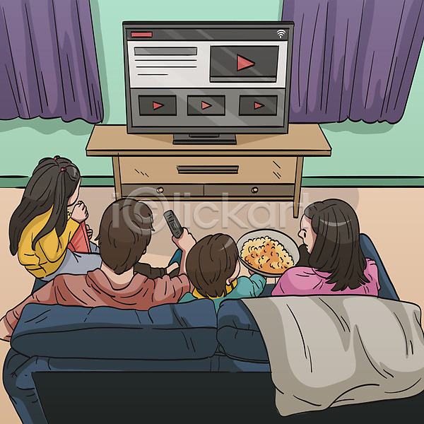 남자 사람 성인 어린이 여러명 여자 AI(파일형식) 일러스트 가족 들기 리모컨 모바일 소파 앉기 영화 온택트 집콕 커튼 텔레비전 티비시청 팝콘 홈시네마