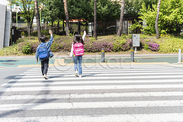 남자 두명 어린이 어린이만 여자 초등학생 한국인 JPG 뒷모습 포토 건너기 걷기 등하교 손들기 스쿨존 안전 야외 어린이보호구역 전신 조심 주간 횡단보도