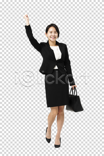 기쁨 30대 사람 성인 성인여자한명만 여자 한국인 한명 PNG 앞모습 편집이미지 가방 누끼 들기 미소(표정) 비즈니스우먼 손들기 손짓 전신 정장 출근 치마정장 파이팅 편집소스