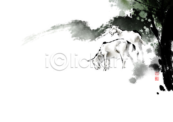 사람없음 PSD 일러스트 나무 동물 번짐 붓터치 산 숲 시골 염소 영모화 잎 캘리그라피 풍경(경치)
