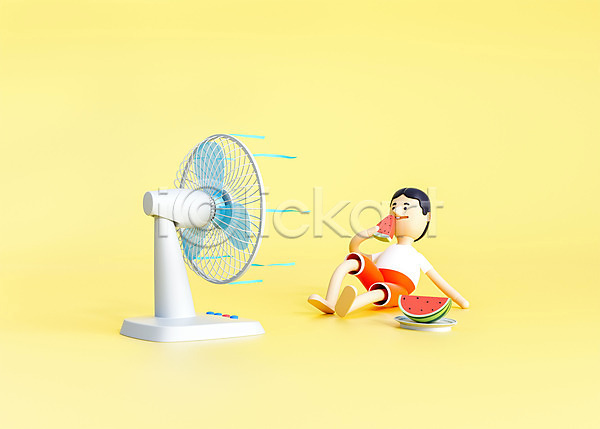 휴식 남자 남자한명만 사람 3D PSD 디지털합성 편집이미지 3D소스 3D캐릭터 더위 방콕 방학 백그라운드 선풍기 수박 여름(계절) 여름음식 여행 제철과일 캐릭터 휴가
