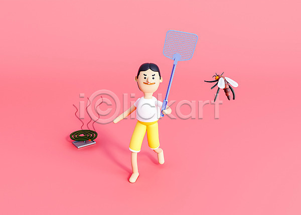 남자 남자한명만 사람 3D PSD 디지털합성 편집이미지 3D소스 3D캐릭터 곤충 모기 모기향 방학 백그라운드 여름(계절) 여행 캐릭터 파리채 휴가