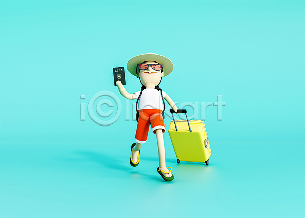 남자 남자한명만 사람 3D PSD 디지털합성 편집이미지 3D소스 3D캐릭터 공항 밀짚모자 방학 백그라운드 선글라스 여권 여름(계절) 여행 캐리어 캐릭터 휴가