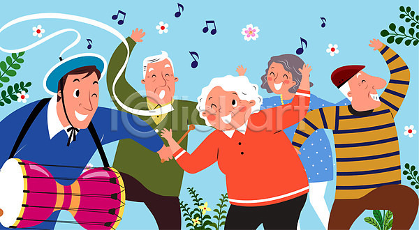 즐거움 남자 노년 사람 성인 여러명 여자 AI(파일형식) 일러스트 교사 꽃 나뭇잎 노인유치원 상모 손들기 음표 장구 춤 할머니 할아버지