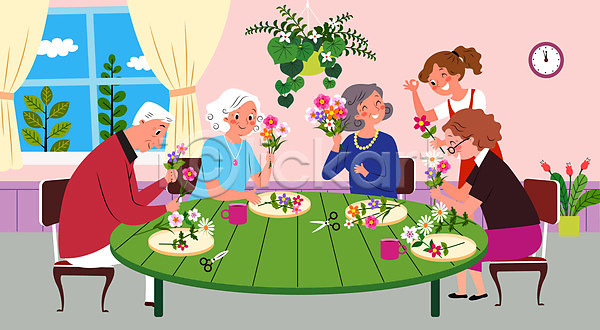 즐거움 남자 노년 사람 성인 여러명 여자 AI(파일형식) 일러스트 OK 가위(도구) 교사 구름(자연) 꽃 꽃꽂이 노인유치원 들기 시계 의자 컵 탁자 할머니 할아버지 행잉플랜트 화분