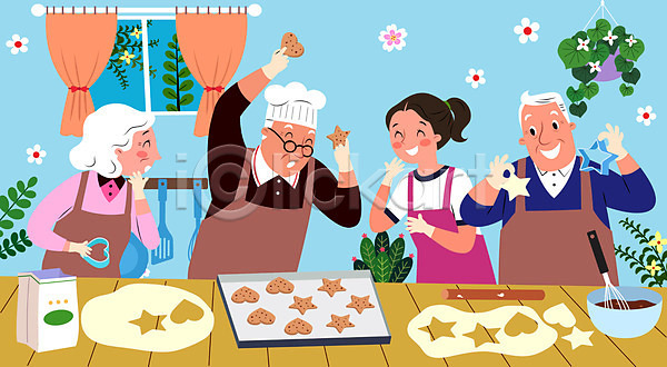 즐거움 남자 노년 사람 성인 여러명 여자 AI(파일형식) 일러스트 과자 교사 그릇 꽃 노인유치원 들기 밀대 앞치마 요리 요리사모자 음식 제빵 주방용품 쿠키 탁자 할머니 할아버지 행잉플랜트 화분