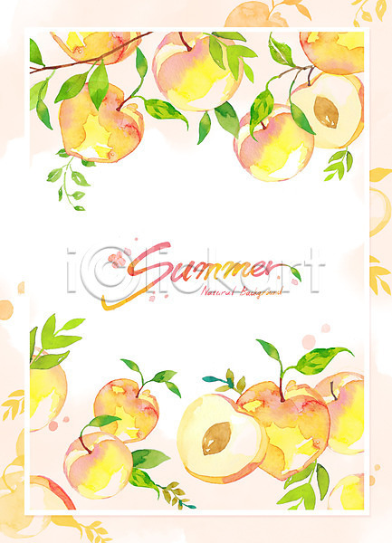 사람없음 PSD 일러스트 가지 과일 글자캘리그라피 노란색 백그라운드 번짐 복숭아 수채화(물감) 여름(계절) 영어 잎 제철과일 프레임