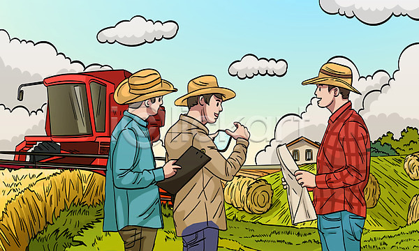 남자 성인 성인남자만 세명 AI(파일형식) 일러스트 경제 구름(자연) 농가 농장 상반신 수확 청년농부 트랙터 파일