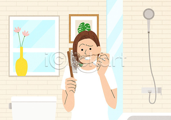 사람 성인 성인여자한명만 여자 한명 PSD 일러스트 놀람 머리빗 머리카락 변기 상반신 샤워기 액자 욕조 잡기 창문 탈모