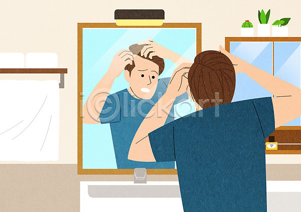 남자 사람 성인 성인남자한명만 한명 PSD 일러스트 거울 놀람 반사 상반신 세면대 수건 욕실 응시 탈모 화분