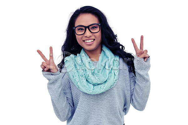 행복 20대 여자 한명 JPG 포토 해외이미지 검은머리 긍정 미소(표정) 손짓 안경 해외202007 흰배경