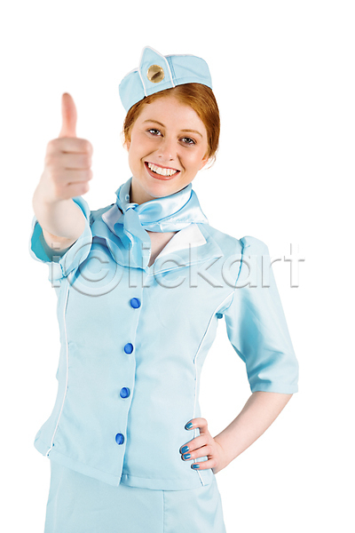 행복 백인 성인 성인여자한명만 여자 한명 JPG 포토 해외이미지 긍정 미소(표정) 승무원 여행 유니폼 응시 항공 해외202007 흰배경