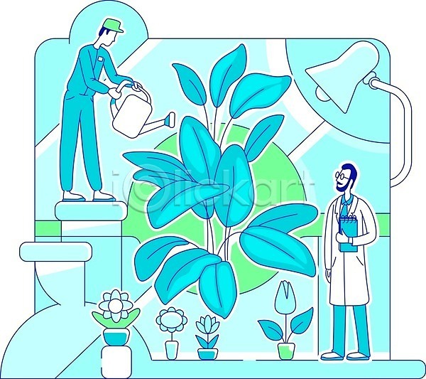 미래 남자 두명 성인 성인남자만 EPS 일러스트 해외이미지 과학 꽃 다이어리 들기 물뿌리개 식물 실험 실험복 연구원 전신 조명 파란색 해외202007 화분