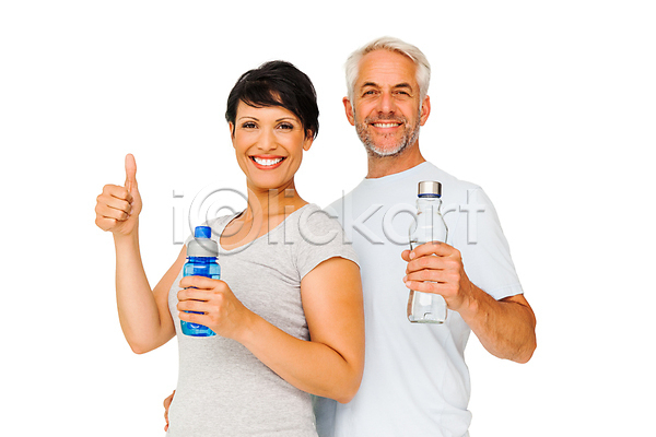 행복 40대 50대 남자 두명 백인 사람 여자 중년 중년만 JPG 포토 해외이미지 건강 긍정 라이프스타일 미소(표정) 서기 운동 운동복 응시 잡기 해외202007 흰배경