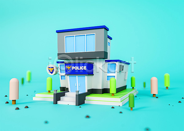 귀여움 사람없음 3D PSD 디지털합성 입체 편집이미지 3D소스 건물 경찰 경찰서 나무 로우폴리 오브젝트 파란색 편집 편집소스