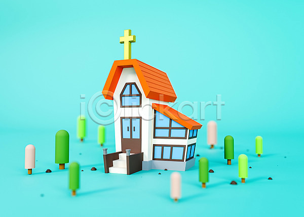귀여움 사람없음 3D PSD 디지털합성 입체 편집이미지 3D소스 건물 교회 나무 로우폴리 십자가 오브젝트 파란색 편집 편집소스