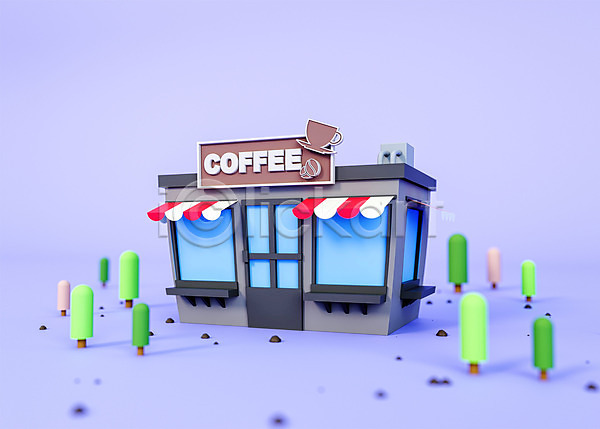 귀여움 사람없음 3D PSD 디지털합성 입체 편집이미지 3D소스 건물 나무 로우폴리 보라색 상점 오브젝트 카페 커피 편집 편집소스