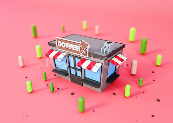 귀여움 사람없음 3D PSD 디지털합성 입체 편집이미지 3D소스 건물 나무 로우폴리 분홍색 상점 오브젝트 카페 커피 편집 편집소스