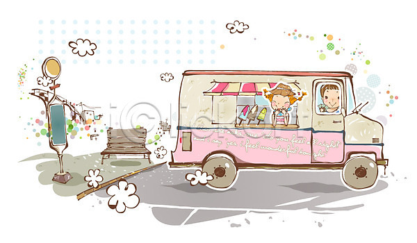 사랑 남자 두명 사람 소년 여자 EPS 일러스트 구름(자연) 백그라운드 벤치 아이스크림 아이스크림차 알림판 여름(계절) 여행 의자 자동차 커플 트럭 표지판 휴가