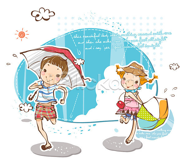 사랑 남자 두명 사람 소년 여자 EPS 일러스트 구름(자연) 달리기 땀 백그라운드 야외 여름(계절) 여행 우산 주간 커플 태양 해 휴가
