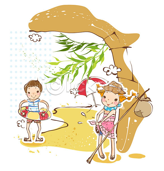사랑 남자 두명 사람 소년 여자 EPS 일러스트 구름(자연) 나무 나뭇가지 모래사장 물놀이 바캉스 백그라운드 보따리 식물 야외 여름(계절) 여름휴가 여행 짐 커플 튜브 파라솔 해변 휴가