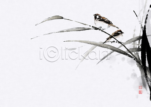 사람없음 PSD 일러스트 가을(계절) 갈대(식물) 낙관 동양화 두마리 번짐 붓터치 숲 잎 조류 줄기 참새 캘리그라피 화조화