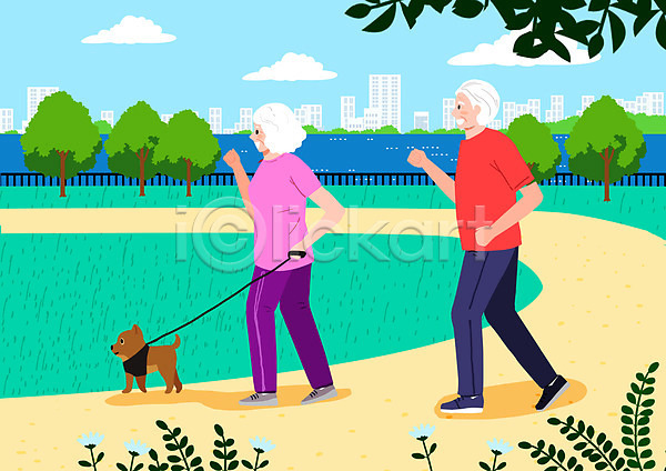 산책 즐거움 남자 노년 노인만 두명 여자 PSD 일러스트 건강 공원 노후건강 운동 전신 조깅 하늘색 할머니 할아버지