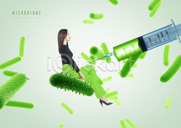 성인 성인여자한명만 여자 한국인 한명 PSD 편집이미지 마이크로바이옴 미생물 박테리아 전신 주사기 초록색