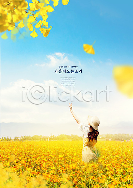 20대 성인 성인여자한명만 여자 한국인 한명 PSD 편집이미지 가을(계절) 가을풍경 꽃밭 노란색 상반신 엽서 은행나무 은행잎 초원(자연) 파란색