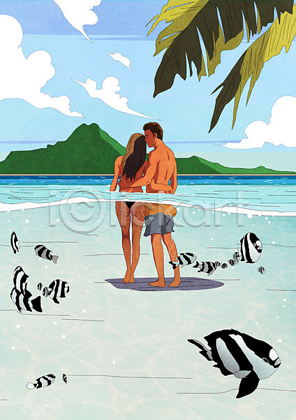 즐거움 행복 남자 두명 성인 성인만 여자 PSD 일러스트 구름(자연) 바다 바캉스 섬 야자수 여름(계절) 여름휴가 여행 열대어 전신 커플