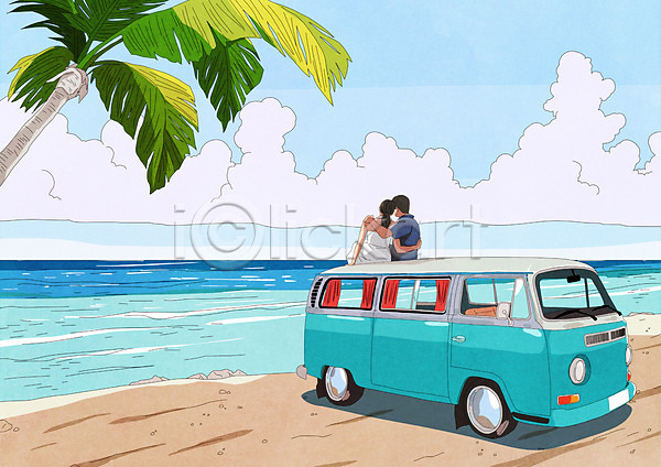 즐거움 행복 남자 두명 성인 성인만 여자 PSD 일러스트 구름(자연) 바다 바캉스 상반신 섬 야자수 여름(계절) 여름휴가 여행 캠핑카 커플