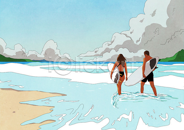 즐거움 행복 남자 두명 성인 성인만 여자 PSD 일러스트 구름(자연) 들기 바다 바캉스 서퍼 서핑보드 여름(계절) 여름휴가 여행 전신 커플 파도