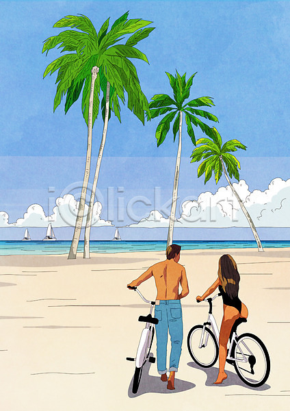 즐거움 행복 남자 두명 성인 성인만 여자 PSD 일러스트 구름(자연) 바다 바캉스 야자수 여름(계절) 여름휴가 여행 자전거 전신 커플 해변