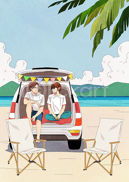즐거움 행복 남자 두명 성인 성인만 여자 PSD 일러스트 바다 바캉스 야자수 여름(계절) 여름휴가 여행 의자 전신 차박 캠핑 캠핑의자 커플 해변