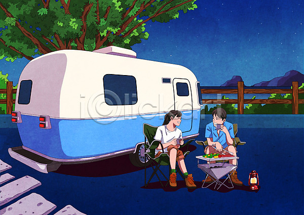 즐거움 행복 남자 두명 성인 성인만 여자 PSD 일러스트 나무 바다 바비큐 바캉스 여름(계절) 여름휴가 여행 의자 전신 카라반 캠핑카 커플