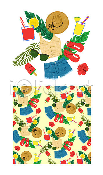 사람없음 PSD 일러스트 꽃 나뭇잎 레몬 모자(잡화) 반팔티셔츠 빨대 샌들 선글라스 수박 아이스크림 여름(계절) 여름음식 옷 제철과일 주스 청바지 컬러풀 파인애플 패턴 패턴백그라운드